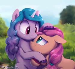Size: 1412x1310 | Tagged: safe, artist:thebowtieone, izzy moonbow, sunny starscout, earth pony, pony, unicorn, g5, my little pony: a new generation, cuddling, cute, duo, female, floppy ears, head pat, lesbian, looking at each other, pat, ship:moonscout, shipping, smiling, smiling at each other