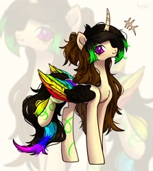 Size: 2662x2980 | Tagged: oc name needed, safe, artist:konejo, oc, oc only, alicorn, pony, blushing, chest fluff, colored wings, curved horn, eyebrows, eyelashes, folded wings, high res, horn, long mane, long tail, looking at you, multicolored mane, multicolored tail, multicolored wings, purple eyes, rainbow tail, rainbow wings, raised hoof, raised leg, side view, signature, solo, tail, wings, zoom layer
