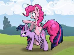 Size: 1799x1353 | Tagged: safe, artist:corsairsedge, pinkie pie, twilight sparkle, alicorn, earth pony, pony, g4, duo, excited, female, horse riding a horse, mare, outdoors, pinkie pie riding twilight, pointing, ponies riding ponies, riding, scenery, smiling, twilight sparkle (alicorn), twilight sparkle is not amused, unamused, wings, wings down