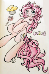 Size: 822x1246 | Tagged: safe, artist:alcidence, pinkie pie, earth pony, pony, g4, blurry, candy, food, muffin, solo, tongue out, traditional art