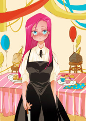 Size: 500x708 | Tagged: safe, artist:打咩达捏, madame leflour, pinkie pie, rocky, human, equestria girls, g4, balloon, cupcake, food, humanized, knife, pinkamena diane pie, solo, streamers