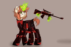 Size: 1280x854 | Tagged: safe, artist:xwosya, oc, oc only, oc:flicker beat, pony, unicorn, fallout equestria, fallout equestria: project horizons, armor, fanfic art, female, freckles, gun, horn, magic, power armor, simple background, solo, unicorn oc, weapon