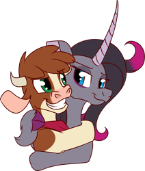 Size: 1056x1243 | Tagged: safe, artist:thescornfulreptilian, arizona (tfh), oleander (tfh), classical unicorn, cow, pony, unicorn, them's fightin' herds, community related, curved horn, duo, horn, hug, looking at each other, looking at someone, simple background, transparent background