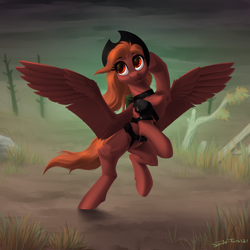 Size: 2000x2000 | Tagged: safe, artist:shido-tara, oc, oc only, oc:calamity, pegasus, pony, fallout equestria, bag, belts, female, hat, high res, mare, pegasus oc, rule 63, solo, spread wings, wings