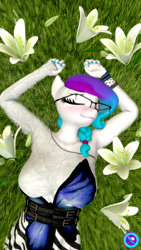 Size: 2160x3840 | Tagged: safe, artist:pootanger_sfm, oc, oc only, oc:aurora starling, earth pony, anthro, 3d, blushing, breasts, busty oc, cute, earth pony oc, eyes closed, female, flower, glasses, grass, grass field, high res, lying down, mare, ocbetes, on back, relaxed, relaxed face, relaxing, smiling, solo, zebra print