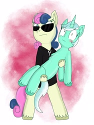 Size: 1536x2048 | Tagged: safe, artist:princessmufnart, bon bon, lyra heartstrings, sweetie drops, earth pony, pony, unicorn, g4, agent, bipedal, blushing, bridal carry, carrying, clothes, female, lesbian, secret agent sweetie drops, ship:lyrabon, shipping, suit, sunglasses, wide eyes