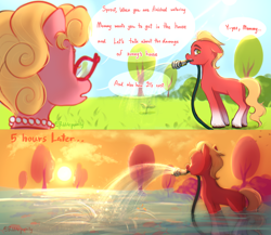 Size: 3000x2600 | Tagged: safe, artist:bubblepurity, phyllis cloverleaf, sprout cloverleaf, earth pony, fish, pony, g5, my little pony: a new generation, blonde, cloud, duo, female, flood, grammar error, grass, grass field, green eyes, high res, male, mare, missing cutie mark, mommy, mother and child, mother and son, mouth hold, one ear down, sky, stallion, sun, sunlight, sunset, tree, watering, watermark
