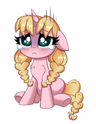 Size: 2592x3330 | Tagged: safe, artist:confetticakez, oc, oc only, oc:caramel malt, pony, unicorn, big eyes, chest fluff, crying, cute, eyebrows, eyebrows visible through hair, eyelashes, female, filly, frown, high res, horn, ocbetes, pigtails, pink coat, sad, sadorable, simple background, sitting, solo, tail, underhoof, unicorn oc, white background, yellow mane, yellow tail