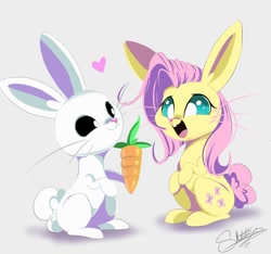 Size: 1200x1125 | Tagged: safe, artist:sketchiix3, angel bunny, fluttershy, rabbit, g4, animal, bunnified, bunnyshy, carrot, cute, food, heart, herbivore, open mouth, open smile, shyabetes, signature, smiling, species swap
