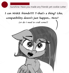 Size: 1400x1483 | Tagged: safe, artist:chopsticks, oc, oc only, oc:cookie cutter, pegasus, pony, ask, ask cookie cutter, cheek fluff, chest fluff, dialogue, female, filly, floppy ears, looking at you, misunderstanding, monochrome, solo, text