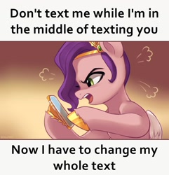 Size: 1800x1866 | Tagged: safe, artist:maren, pipp petals, pegasus, pony, g5, my little pony: a new generation, adorapipp, angry, cellphone, cute, female, frown, hoof hold, looking at something, mare, meme, open mouth, phone, photo, pipp petals is not amused, ponified meme, profile, solo, text, unamused, unshorn fetlocks, wings