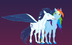 Size: 630x396 | Tagged: safe, artist:celestia2590, rainbow dash, soarin', pegasus, pony, g4, backwards cutie mark, eyes closed, female, gradient background, hoers, male, mare, open mouth, open smile, ship:soarindash, shipping, smiling, spread wings, stallion, straight, wings