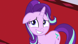 Size: 1280x720 | Tagged: safe, screencap, starlight glimmer, pony, unicorn, a royal problem, g4, season 7, blue eyes, cute, female, floppy ears, glimmerbetes, grin, horn, mare, multicolored mane, multicolored tail, nervous, nervous smile, smiling, solo, tail
