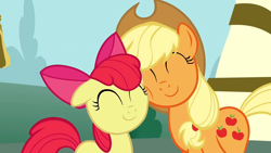 Size: 1152x648 | Tagged: safe, screencap, apple bloom, applejack, earth pony, pony, g4, ponyville confidential, season 2, ^^, adorabloom, cute, duo, duo female, eyes closed, female, jackabetes, nuzzling, reconciliation, smiling