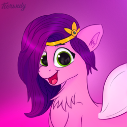Size: 1000x1000 | Tagged: safe, artist:tierwidy, pipp petals, pegasus, pony, g5, my little pony: a new generation, adorapipp, bust, chest fluff, cute, digital art, female, green eyes, happy, mare, open mouth, portrait, simple background, solo