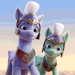 Size: 800x800 | Tagged: safe, screencap, thunder flap, zoom zephyrwing, pegasus, pony, g5, my little pony: a new generation, spoiler:my little pony: a new generation, absurd file size, absurd gif size, animated, cropped, duo, ears back, female, gif, guardsmare, male, mare, pegasus royal guard, royal guard, scared, stallion