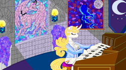 Size: 1272x710 | Tagged: safe, artist:mana minori, princess luna, oc, oc:guiding light, alicorn, pony, unicorn, g4, blue, brick, candle, castle, clothes, crescent, curls, curly mane, glass, hair, key, keyboard, light, moon, moonlight sonata, music inspired, musical instrument, night, organ, painting, piano, pipe organ, princess, sitting, soft, stained glass, suit, tapestry, white, window