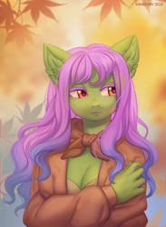 Size: 876x1200 | Tagged: safe, artist:margony, oc, oc only, anthro, anthro oc, autumn, breasts, cleavage, clothes, ear fluff, leaves, solo