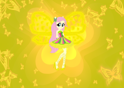 Size: 1220x868 | Tagged: safe, artist:selenaede, artist:user15432, fluttershy, fairy, equestria girls, g4, alternate hairstyle, bare shoulders, base used, butterflix, clothes, crossover, dress, fairy wings, fairyized, green dress, hand on arm, high heels, long hair, ponied up, shoes, sleeveless, solo, wings, winx, winx club, winxified, yellow wings