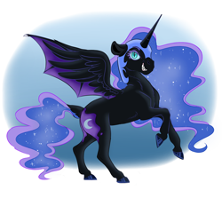 Size: 1200x1200 | Tagged: safe, artist:cocadoodles, artist:cocadoodles1, nightmare moon, alicorn, pony, g4, doodle, female, horn, hybrid wings, mare, partial background, rearing, simple background, solo, wings