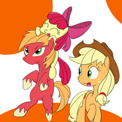 Size: 600x600 | Tagged: safe, artist:鴎のタマゴ, apple bloom, applejack, big macintosh, earth pony, pony, g4, adorabloom, apple bloom riding big macintosh, apple siblings, apple sisters, brother and sister, cute, female, filly, happy, male, mare, siblings, sisters, stallion, unshorn fetlocks