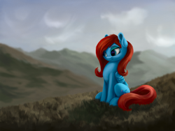Size: 3000x2250 | Tagged: dead source, safe, artist:flusanix, oc, oc only, oc:sea feather, pegasus, pony, female, folded wings, grass, high res, mare, mountain, outdoors, pegasus oc, scenery, sitting, smiling, solo, tail, wings