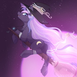 Size: 1389x1389 | Tagged: safe, artist:nyota71, oc, oc only, oc:indigo, pony, unicorn, broom, butt, chest fluff, commission, flower, flying, flying broomstick, hat, looking at you, moon, moonlight, night, night sky, plot, sky, smiling, solo, witch hat, ych result