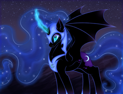 Size: 2600x2000 | Tagged: safe, artist:bennythebunny95, nightmare moon, alicorn, pony, g4, bat wings, curved horn, female, high res, horn, night, night sky, sky, solo, wings