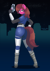 Size: 3500x5000 | Tagged: safe, artist:aarondrawsarts, oc, oc only, oc:rose bloom, anthro, absurd resolution, anthro oc, ass, bedroom eyes, butt, clothes, commissioner:reversalmushroom, cosplay, costume, eye clipping through hair, eyebrows, eyebrows visible through hair, female, gun, looking at you, looking back, looking back at you, perfect dark, sexy, smiling, smiling at you, solo, spy, tight clothing, weapon