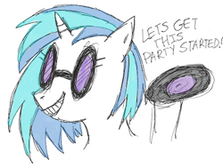 Size: 447x337 | Tagged: safe, artist:askpinkiepieandfriends, dj pon-3, vinyl scratch, pony, unicorn, g4, bust, female, mare, record, simple background, sketch, smiling, solo, sunglasses, white background