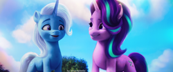 Size: 2560x1071 | Tagged: safe, artist:annaxeptable, edit, edited screencap, screencap, starlight glimmer, trixie, pony, unicorn, g4, g5, my little pony: a new generation, spoiler:my little pony: a new generation, duo, duo female, female, g4 to g5, g5 movie accurate, grin, mare, open mouth, open smile, outdoors, sky, smiling