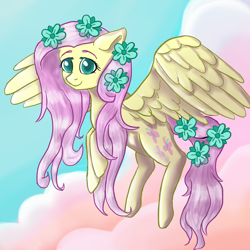 Size: 1000x1000 | Tagged: safe, artist:naivenonsense, fluttershy, pegasus, pony, g4, cloud, cute, daaaaaaaaaaaw, female, flower, flower in hair, flower in tail, flying, shyabetes, solo, tail