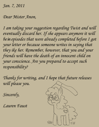 Size: 560x718 | Tagged: safe, artist:sveta kuklina, twist, earth pony, pony, g4, axe, crossover, female, filly, glasses, grass, implied anon, lauren faust, letter, peanuts, simple background, text, weapon