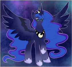 Size: 1024x949 | Tagged: safe, artist:sawberrykiss, princess luna, alicorn, pony, g4, abstract background, big horn, curved horn, female, horn, night, night sky, ponytober, sky, solo, spread wings, wings