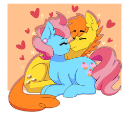 Size: 1024x913 | Tagged: safe, artist:sawberrykiss, carrot cake, cup cake, earth pony, pony, g4, duo, eyes closed, female, heart, lying down, male, ponytober, prone, shipping, stallion, straight