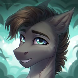 Size: 2000x2000 | Tagged: safe, artist:fenwaru, oc, oc only, oc:croaker, earth pony, pony, abstract background, blue eyes, bust, ear fluff, earth pony oc, eyebrows, eyelashes, grin, high res, looking at you, portrait, smiling, smiling at you, solo, teeth, watermark