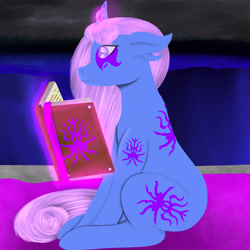 Size: 3000x3000 | Tagged: safe, artist:saint boniface, oc, oc only, oc:arcānus, pony, unicorn, book, female, glowing, glowing horn, high res, horn, magic, mare, reading, sitting, solo, telekinesis, unicorn oc