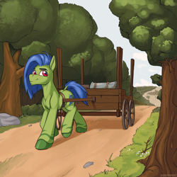 Size: 2000x2000 | Tagged: safe, artist:kirasunnight, oc, oc only, oc:misty brook, pony, forest, high res, male, path, road, solo, tree, wagon