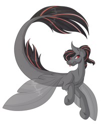 Size: 2315x2590 | Tagged: safe, artist:amazing-artsong, oc, oc only, seapony (g4), clothes, dorsal fin, ear fluff, fin wings, fins, fish tail, flowing mane, flowing tail, high res, looking at you, male, red eyes, simple background, smiling, solo, tail, tongue out, transparent background, unshorn fetlocks, wings