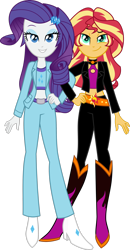 Size: 1764x3400 | Tagged: safe, artist:limedazzle, rarity, sunset shimmer, equestria girls, g4, boots, clothes, dreamworks face, duo, duo female, female, grin, hand on hip, high heel boots, high heels, high res, irl, irl human, jacket, looking at you, midriff, pants, photo, shoes, simple background, smiling, smiling at you, sports bra, transparent background, vector