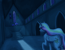 Size: 3250x2500 | Tagged: safe, artist:vezja, princess celestia, princess luna, pony, g4, princess twilight sparkle (episode), angry, banner, castle of the royal pony sisters, ethereal mane, female, high res, mare, moonlight, night, pillar, stairs, throne, window