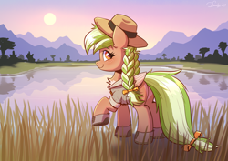 Size: 3508x2480 | Tagged: safe, artist:dandy, oc, oc only, oc:sylvia evergreen, pegasus, pony, blushing, boots, braided pigtails, clothes, freckles, hair tie, hat, high res, lake, looking at you, looking back, looking back at you, nature, park ranger, shirt, shoes, sunset