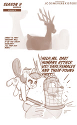 Size: 960x1554 | Tagged: safe, artist:jcosneverexisted, apple bloom, deer, pony, g4, going to seed, season 9, bambi, caught, crossover, dialogue, disney, female, filly, male, net, screaming, season 9 doodles, text