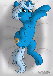 Size: 1280x1826 | Tagged: safe, artist:small-brooke1998, oc, oc only, pony, unicorn, chromia, dock, eye clipping through hair, featureless crotch, female, hooves, horn, lying down, mare, pose, signature, smiling, solo, tail, underhoof, unicorn oc