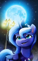 Size: 2480x4000 | Tagged: safe, artist:dormin-dim, princess luna, alicorn, pony, g4, g5, my little pony: a new generation, crown, cute, female, full moon, g4 to g5, happy, jewelry, lamp, lunabetes, mare, moon, open mouth, open smile, regalia, s1 luna, smiling, solo, style emulation