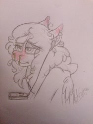 Size: 1536x2048 | Tagged: safe, artist:milledpurple, oc, oc only, pegasus, pony, bust, ear fluff, eyelashes, female, lidded eyes, mare, partial color, pegasus oc, red nosed, sick, signature, solo, traditional art, wings