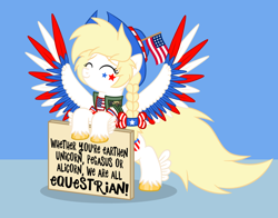 Size: 1400x1100 | Tagged: safe, artist:starspangledpony, oc, oc only, oc:star spangle, pegasus, pony, g5, my little pony: a new generation, american flag, argument in the comments, eyes closed, female, mare, nation ponies, patriotic, pegasus oc, ponified, sign, smiling, solo, spread wings, wings