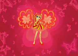 Size: 1221x869 | Tagged: safe, artist:selenaede, artist:user15432, sunset shimmer, fairy, equestria girls, g4, alternate hairstyle, base used, boots, butterflix, clothes, crossover, dress, fairy wings, fairyized, hand on hip, high heels, long hair, orange wings, ponied up, red dress, shoes, solo, wings, winx, winx club, winxified