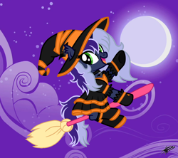 Size: 2200x1952 | Tagged: safe, artist:princessmoonsilver, oc, oc only, oc:krystel, pony, unicorn, broom, clothes, costume, flying, flying broomstick, halloween, halloween costume, hat, holiday, moon, night, solo, witch, witch hat