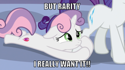 Size: 1066x600 | Tagged: safe, edit, edited screencap, editor:twi clown, screencap, rarity, sweetie belle, pony, unicorn, g4, marks for effort, caption, cute, female, filly, floppy ears, image macro, leg grab, mare, sad, siblings, sisters, text
